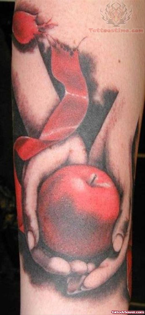 Red Ribbon And Apple Tattoo