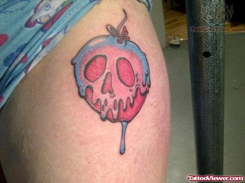 Rotten Skull Apple Tattoo On Thigh