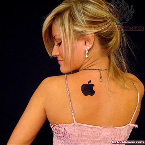 Apple Black Logo Tattoo On Girl Back