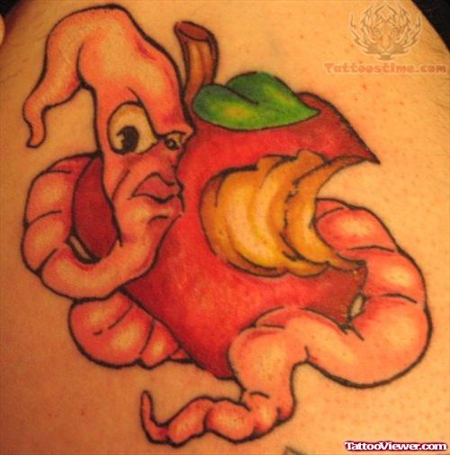 Red Apple And Worm Tattoo