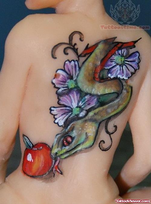 Flowers Snake And Apple Tattoo on Back