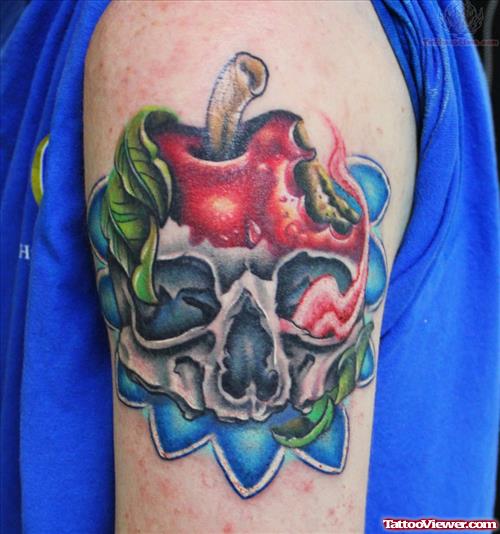 Skull Apple Tattoo On Bicep