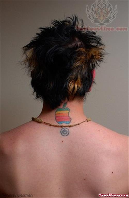Colored Apple Tattoo On Back Neck
