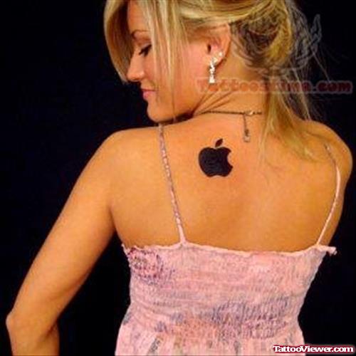 Black Apple Logo Tattoo on Back Shoulder