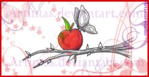 Grey Butterfly With Red Apple Tattoo Design