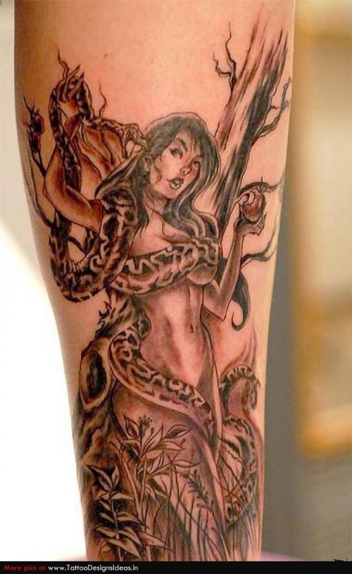 Awesome Grey Ink Girl With Snake And Apple Tattoo