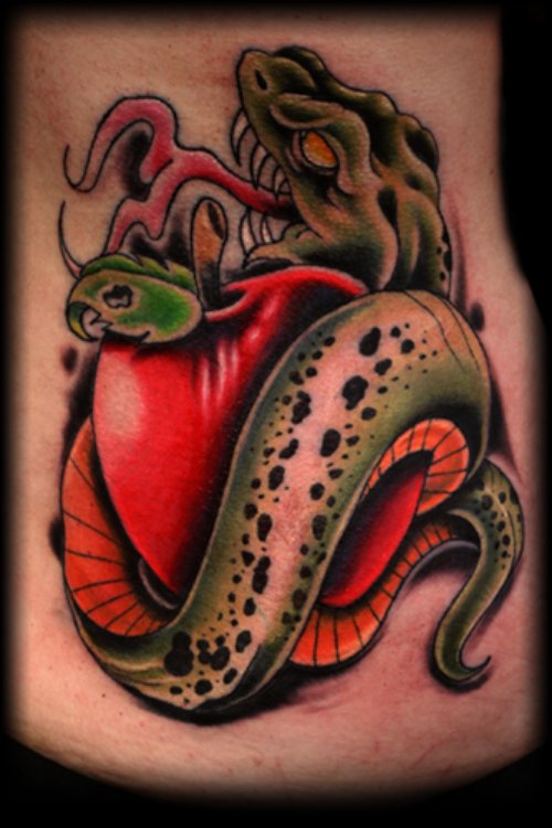 Beautiful Rotten Snake And Apple Tattoo