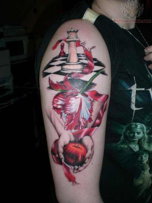 Chess And Apple Tattoo On Biceps