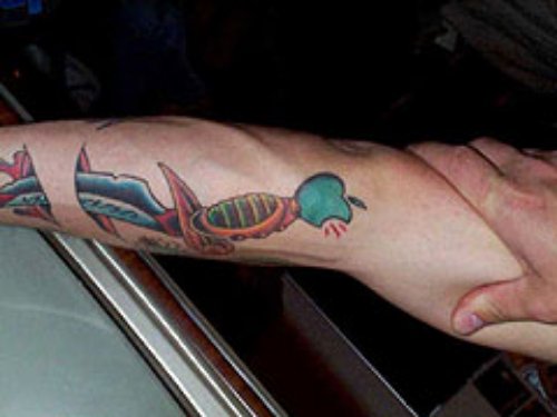 Snake And Green Apple Tattoo On Sleeve