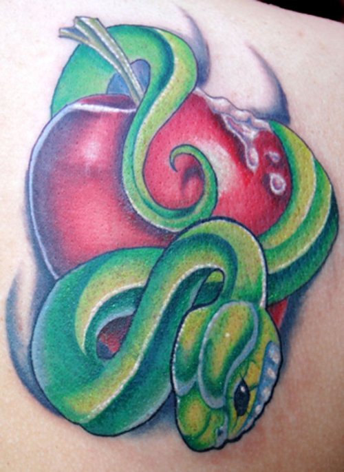 Green Ink Snake And Red Apple Tattoo