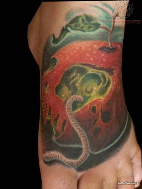 Rotten Apple and Snake Tattoo On Left Foot