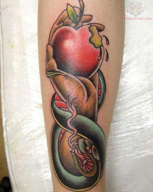Apple In Hand And Snake Tattoo