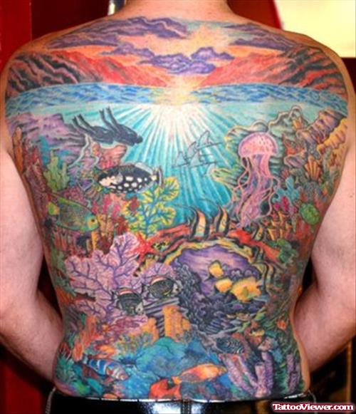 Attractive Colored Aqua Tattoo On Back Body