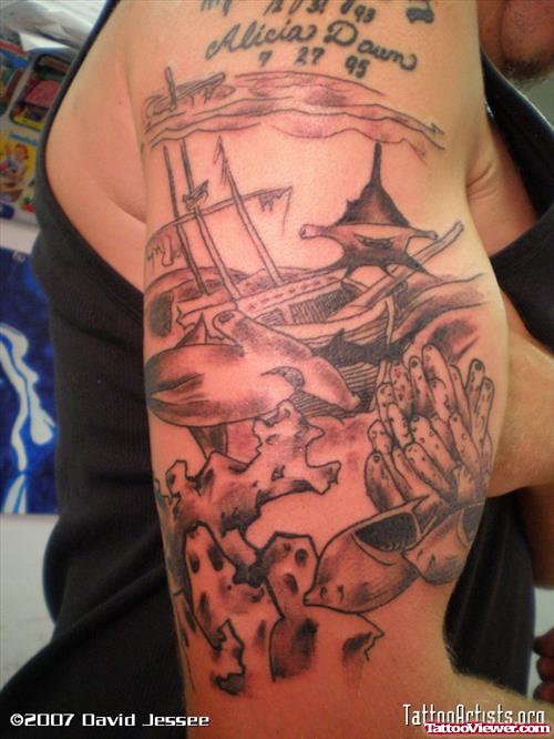 Grey Ink Aqua Tattoo On Right Half Sleeve