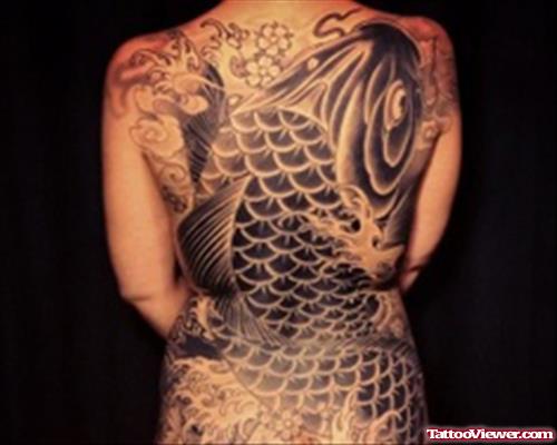 Grey Ink Aqua Fish Tattoo On Back