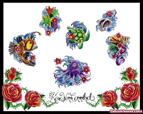 Colored Flowers and Sea Creatures Aqua Tattoo Designs