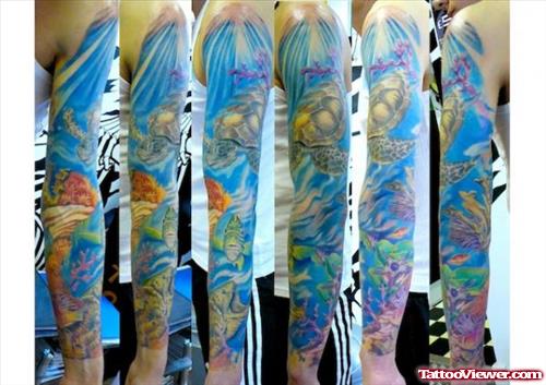 Colored Aqua Tattoos On Sleeve