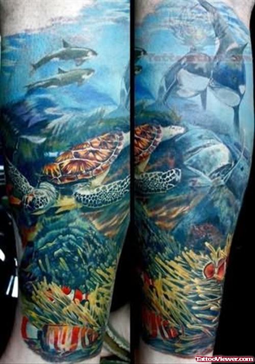 Colored Aqua Tattoo On Full Sleeve