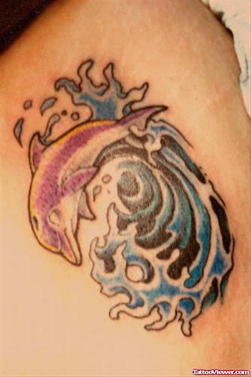 Blue Ink Water And Dolphin Aqua  Tattoo