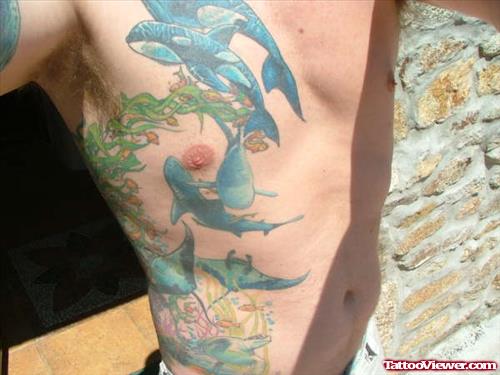Awesome Color Ink Aqua Tattoo On Side Rib