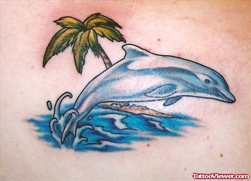 Palm Tree And Blue Dolphin Aqua Tattoo