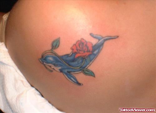 Red Rose And Dolphin Aqua Tattoo On Side