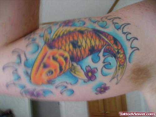 Koi Fish In Water Aqua Tattoo On Bicep