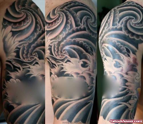 Grey Ink Aqua Tattoo On Left Half Sleeve