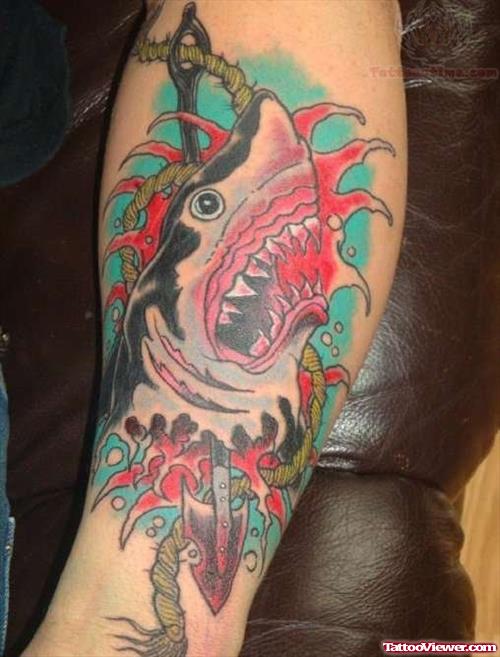 Colored Anchor And Aqua Shark Tattoo On Sleeve