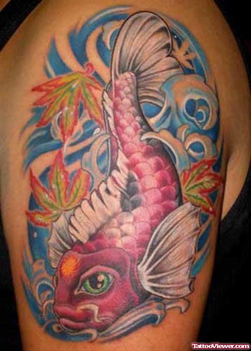 Color Ink Aqua Fish Tattoo On Shoulder