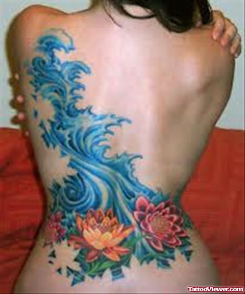 Color Flowers And Water Aqua Tattoo On Back