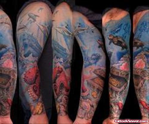 Awesome Colored Aqua Tattoos Design