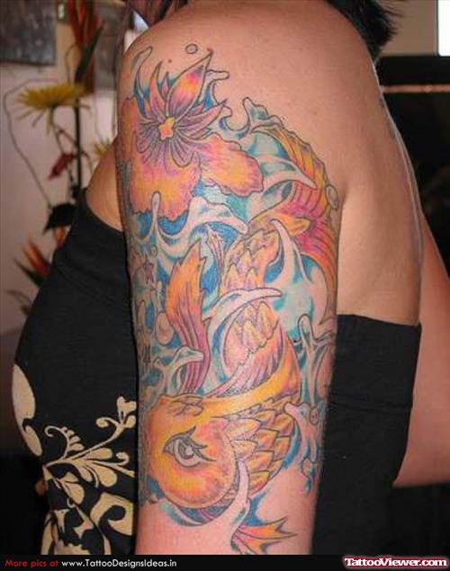 Amazing Colored Aqua Tattoo On Girl Left Half Sleeve