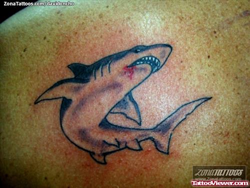 Grey Ink Shark Aqua Tattoo On Back