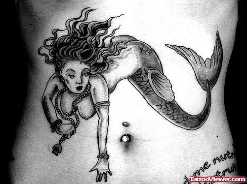 Grey Ink Mermaid Aqua Tattoo on Belly