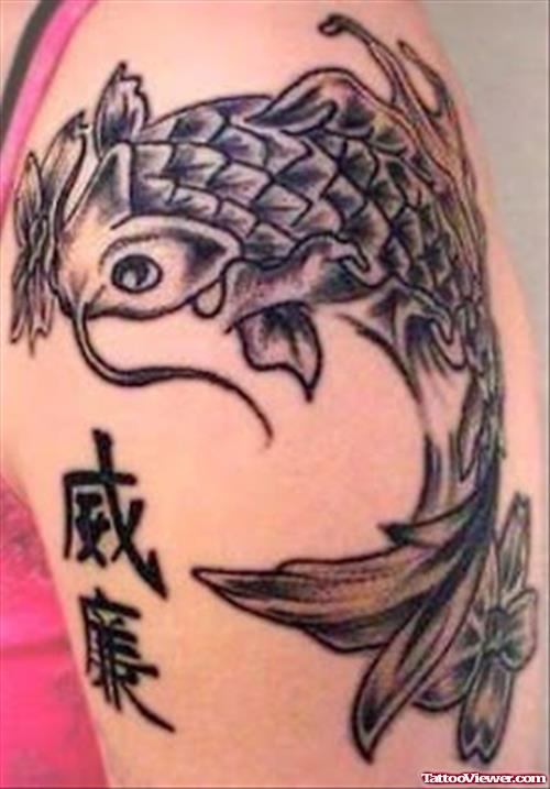 Grey Ink Aqua Fish Tattoo On Left Half Sleeve