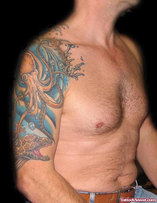 Color Ink Aqua Tattoo On Man Right Half Sleeve