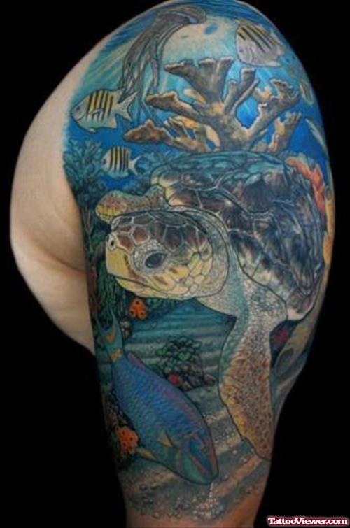 Awesome Colored Aqua Tattoo On Left Half Sleeve