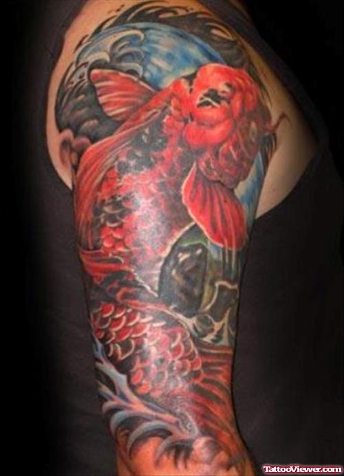 Red Koi Aqua Tattoo On Right Sleeve