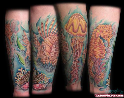 Colored Sea Creatures Aqua Tattoo
