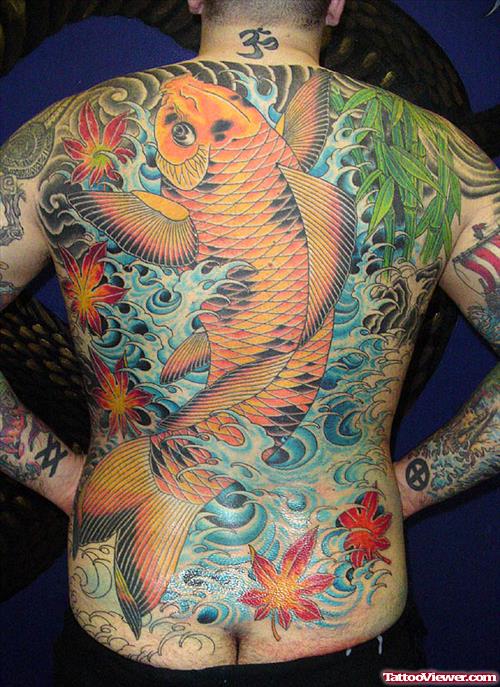 Colored Aqua Koi Fish Tattoo on Back
