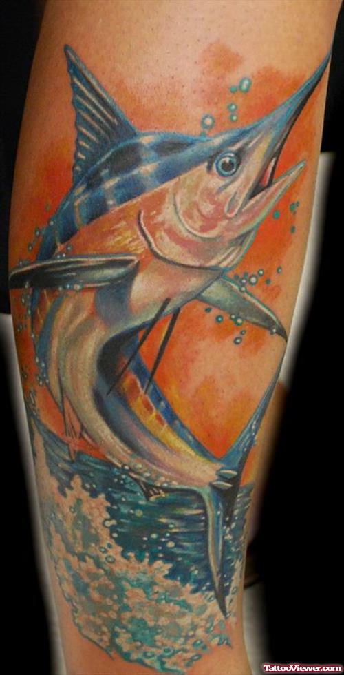 Colored Aqua Dolphin Tattoo On Full Sleeve