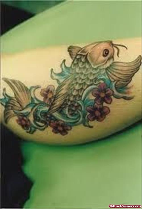 Color Flowers and Aqua Fish Tattoo
