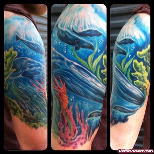 Blue Ink Aqua Tattoo On Half Sleeve