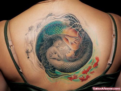 Awesome Colored Aqua Mermaid Tattoo On Upperback