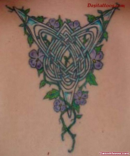 Tribal And Flowers Aqua Tattoo On Back