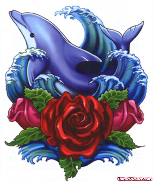Red Rose And Aqua Dolphin Tattoo Design