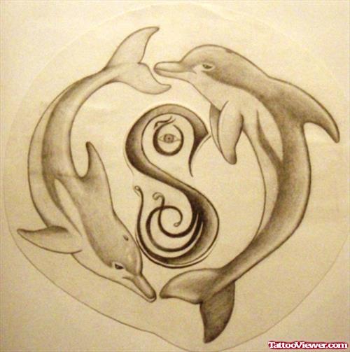 Grey Ink Dolphins Aqua Tattoo Design