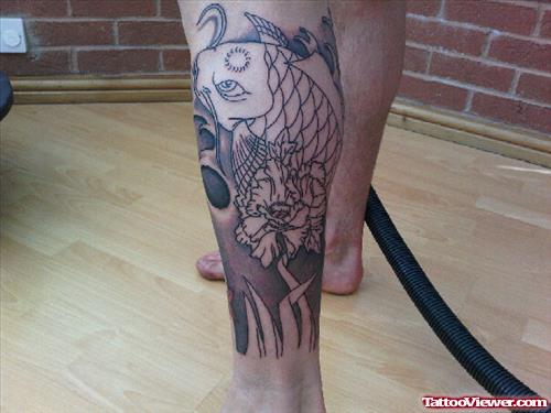 Grey Ink Aqua Koi Tattoo On Left Leg