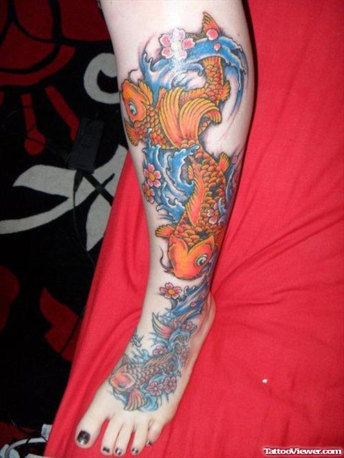 Colored Aqua Tattoos On Left Leg